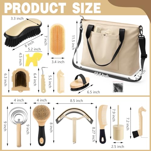 Abbylike 15 Pieces Horse Grooming Kit with Organizer Tote Bag Tack Room Supplies Horse Brush Sets Care Equine Cleaning Kit Shedding Grooming Massaging Tools (Beige) - color: Beige