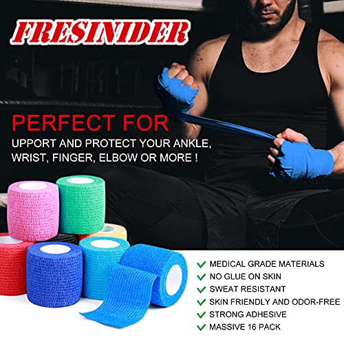 FRESINIDER 16 Rolls Self Adhesive Wrap Athletic Tape Gauze,Medical Bandage,Breathable Elastic Cohesive Bandage for Sports Injury & Pet (Rainbow) - color: Rainbow