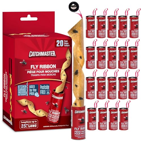 Catchmaster Fly Trap Bundle, Fly Ribbon 20-Pack & Outdoor Fly Jar, for Garage, Backyard, Pool, Patio & Camping