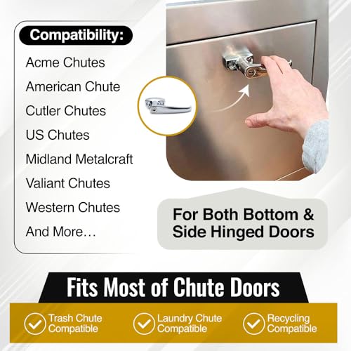 Trash Chute ADA L Handles and Laundry Chute Door Latch Plunger kit with V Spindle for Bottom & Side hinged Doors. Handicap Approved Universal Locking Chrome Handle Hardware Parts