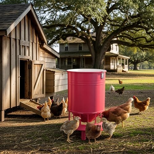 Solution4Patio 50LB No-Waste Chicken Feeder, Large Capacity Gravity Dispenser with Spill Control & 16 Feeding Ports Poultry Feeder for Outdoors & Hen Coop (Red) - color: Red