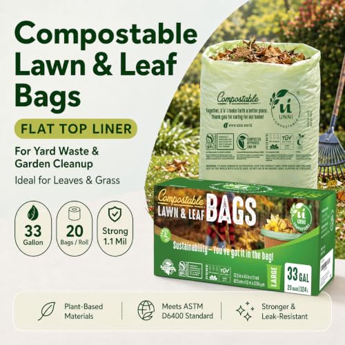 UNNI 30-33 Gallon Compostable Bags, 20 Count, 124 L, Extra Thick 1.1 Mil | Large Compost Bags for Lawn, Leaf & Yard Waste & Kitchen Organics, Certified by BPI, CMA & OK compost HOME, Meets ASTM D6400 - size: 20 Count (Pack of 1), style: 33 Gallon