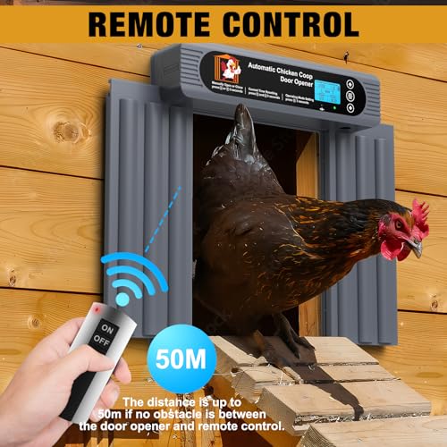 Automatic Chicken Coop Door, Extra Large Size, Anti-Pinch Design,Programmable Timer & Light Sensor Modes, Large LCD Display, Solar Powered Auto Chicken Door Opener with Remote Control（50-100m）