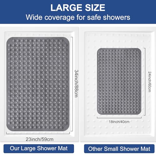 Shower Mat Non Slip: 34" x 23" Large Shower Mats for Inside Shower - Soft TPE Cuttable Anti Slip Shower Stall Mat with Drain Holes and Suction Cups - color: Dark Gray, size: 34" x 23" (Rectangular)