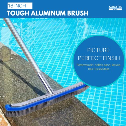 Aquatix Pro Pool Brush Head, 18" Heavy Duty for Cleaning Walls & Floors | Stainless Steel Bristles, Reinforced Aluminum Back, Curved Ends for Corners, EZ Clip, Swimming Pool Brushes for Tiles & Steps