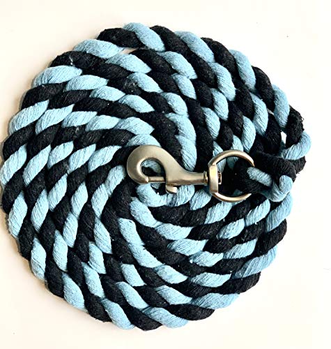 Majestic Ally Pack of 2 Solid Cotton Lead Rope for Horses & Livestock – 10 Foot Long and 5/8 inch Thick - Replaceable Heavy-Duty Satin Bolt Snap – Handmade – Soft, Broken in Feel (Sky Blue - Black) - color: Sky Blue - Black