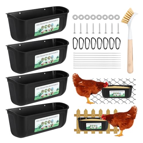 4 Pack Hanging Chicken Feeder,Fence Feeder Trough and Waterer for Goat Sheep Deer Duck Poultry Livestock,Feeding Waterer Container Bucket with Clips and Brush (Black)