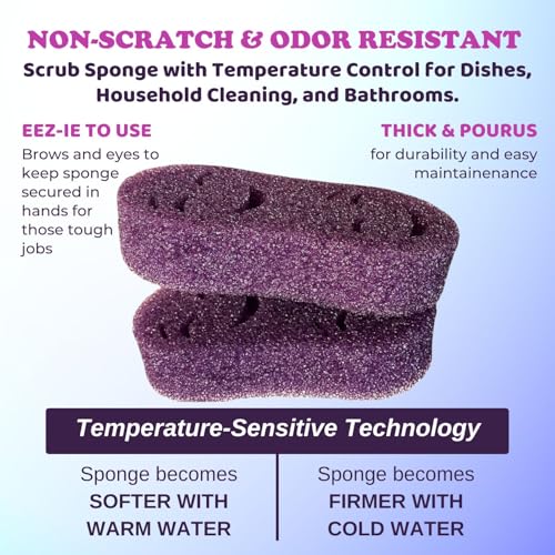 Smilyeez Double-Size Scrub Moji Sponge 2-Pack – Dual Smiling Faces, Temperature-Responsive Scrubber – Scratch-Free, Odor & Stain Resistant – Purple - color: Purple Double Moji