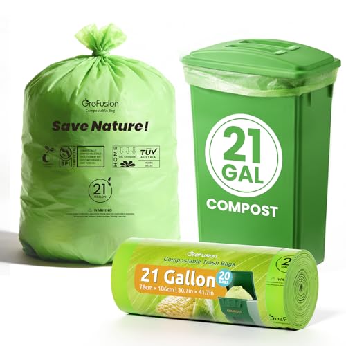 GreFusion Compostable Trash Bags 21 gallon,20 Count,Extra Thick 1.28 Mills,Fits13-25 gallon trash can, Extra Strong and thick,Compostable Lawn & Leaf Yard Waste bags,ASTM D6400,Bpi Certified - color: 21G-20Count