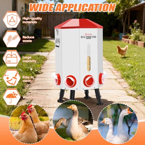 70lbs - 80lbs Large Automatic Chicken Feeder, Adjustable Stand, 8 Feeding Ports, Viewing Window, Sloped Roof Rain Protection Design