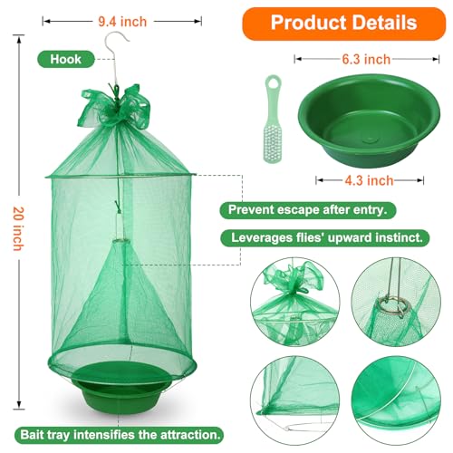 Reusable Outdoor Fly Trap Hanging Fly Catcher with Brush-6 Pack | Fly Cage Ranch Fly Traps with Bait Tray, Fly Control Killer Repellent Hunter Catcher for Barn Orchard Farm Horse Patio - size: 6 pack