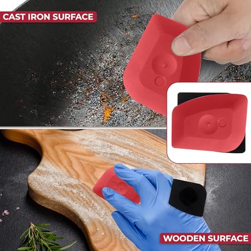 316L Chainmail Scrubber Cleaner Kit - Skillet Cleaner with Long Grip Handle | 316L Chainmail Scrubber + Pan Scraper + Long Handles - 316 Cast Iron Cleaner - Chain Mail Scrubber for Cast Iron Pans - style: Red CIS with Scraper (Handle)