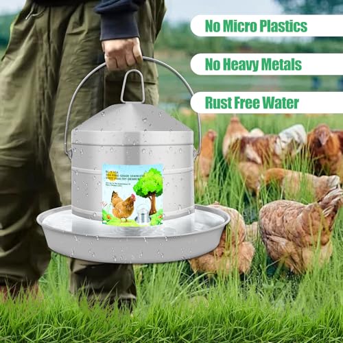 Automatic Chicken Waterer 8L/2.1Gal, 304 Food Grade Stainless Steel Heavy Duty Reliable Long-Lasting Poultry Waterer with Handle, High Strength Structure 0.035 Inch Metal Thickness, No Assemble