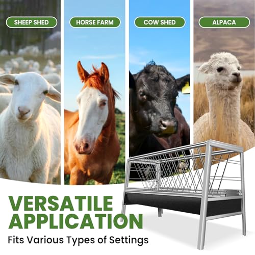 Pasture Feeder 90 Gallon Goat Hay Feeder, Rubber Tray with Stainless Steel Frame Hay Rack with 25'' Wide Tray for Goats, Sheep, Horses, Lamb, Ease of Assembly, Rust-Proof, Silver - style: Rubber Tray with Stainless Frame