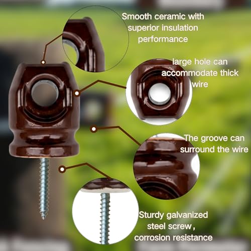Ceramic Electric Fence Insulators, 20 Pack Heavy Duty Ceramic Insulators | Electric Fence Insulators for Wooden Posts with Galvanized Steel Screw, Easy Install
