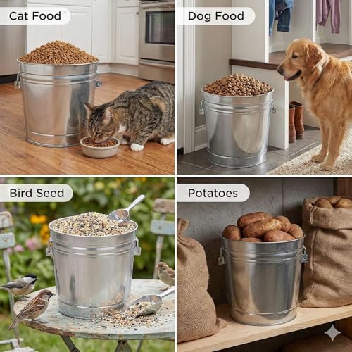 Galvanized Steel Locking Lid Storage Can, 6 Gallon, Heavy Duty Metal Pail for Bird Seed, Dry Pet Food, Charcoal Ash, Rodent Proof, Rust Resistant with Wire Bail Handle