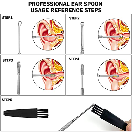 Hion 8 Pcs Ear Wax Removal Kit,Professional Double-Headed Ear Pick Earwax Removal Tools,316L Stainless Steel Ear Cleaner Curette with Cleaning Brush and Storage Box,Suit for Kid Adult(Silver) - color: Silver
