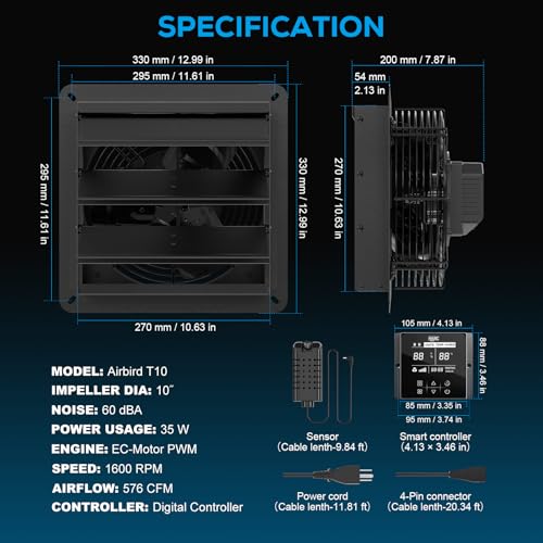 10 Inch Shutter Exhaust Fan with Temperature Humidity Controller | Automatic Shutter, 576 CFM Wall Mounted Attic Fan, Ventilation and Cooling for Greenhouse, Garage, Studios, Workshops