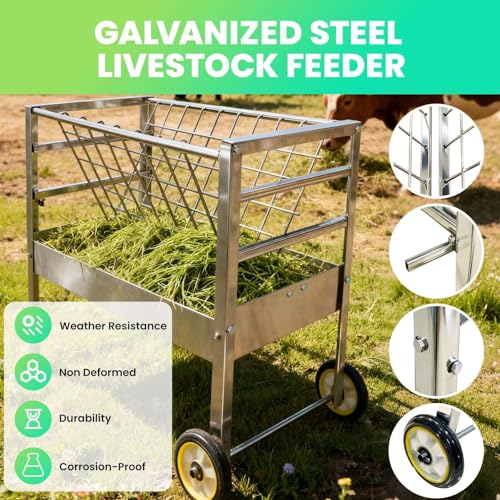 Rolling Hay Feeder with Grain Trough for Goats and Sheep 2 in 1 Freestanding Livestock Cart on Wheels Heavy Duty Galvanized Steel Construction Easy Move Across Pasture or Barn Floor