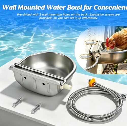 Automatic Chicken Waterer Stainless Steel with Drainage Hole | with Float Valve, Extended Pipe, Replacement Valve, Outdoor Auto Self Filling Water Bowl for Chicken,Duck,Geese, Poultry