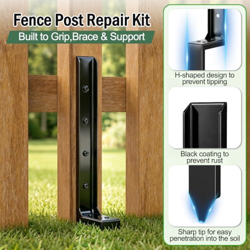 Fence Post Repair Kit, 4 Pack Heavy Duty Fence Post Anchor Stabilizer for Repairing Broken Leaning Tilted Damaged Wood - size: 4 PCS