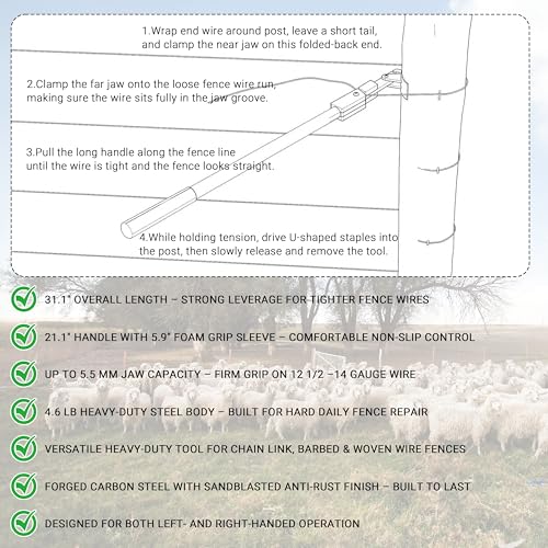 Fence Barbed Wire Stretcher Tool, Heavy-Duty Wire Tensioner & Repair Tool for Barbed, Smooth & Electric Fence Wire, Easy One-Person Operation for Farm, Ranch & Garden Projects