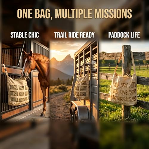 Slow Feed Horse Hay Bag, Heavy Duty Polyester Single Side Feeding Hay Pouch, Easy Hanging Feed Bag for Horse Stall and Trailer