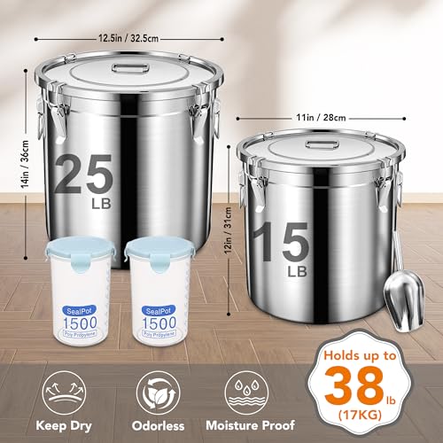 Newget 38lb Airtight Stainless Steel Dog Food Storage Container with Scoop | Large Metal Pet Food Containers Set with Sealed Lid, Metal Lock for Easy Open and Close, Keeps Fresh for Cat / Dog Food - size: 38 lb