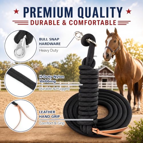 14ft Training Lead Rope, 5/8'' Thick Braided Horse Lead, Black | Cotton Web Lunge Line, Solid Metal Trigger Snaps, for Horse Training Lunging Ground Driving Daily Leading Equine