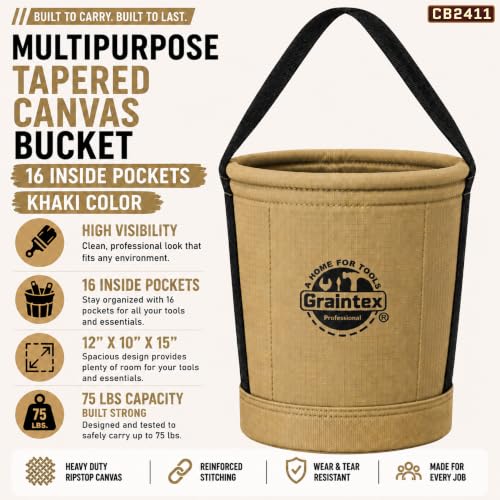 Graintex Tapered Canvas Bucket 12"x10"x15", Utility Tool Bucket 16 Inside Pockets, Reinforced Base & Carry Handle, Ripstop Canvas, Multi-Purpose Bag for Jobsite & Home Use for Tool Storage Solutions - color: Khaki