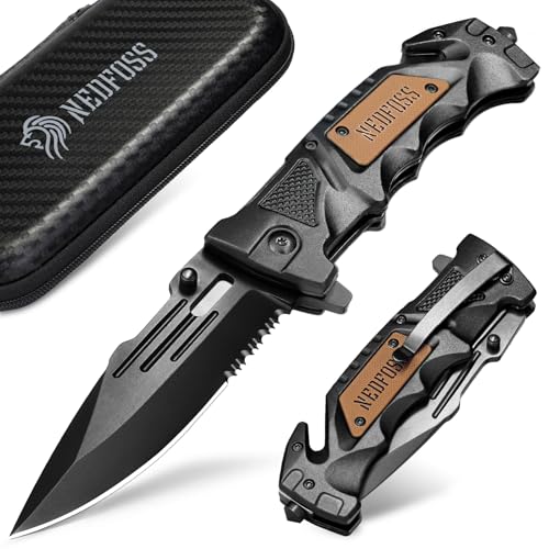 NedFoss Pocket Folding Knife Gift for Men DA75, 3 in 1 Pocket Knife for Men | 3.9” Serrated Blade, Survival Knife with Liner-Lock Belt Clip, Seat Belt Cutter, Glass Breaker, Tacical Gear, Hunting knife - color: Black-Serrated Blade