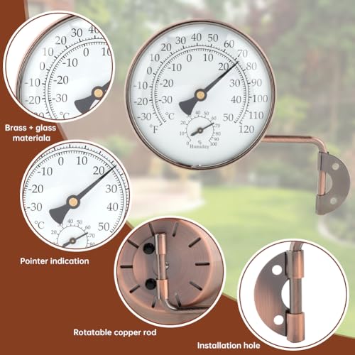 4 Inch Brass Outdoor Thermometer, Swivel Indoor Outdoor Thermometer Hygromete, Analog Temperature Gauge for Patio, Garage, Greenhouse, Garden, Wall