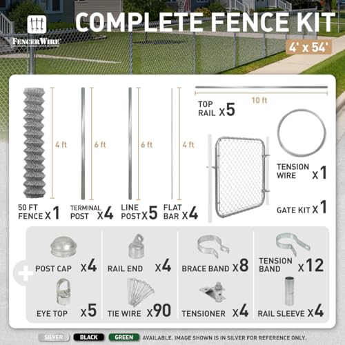 Fencer Wire 11.5 Gauge Durable Galvanized Steel Chain Link Fence Kit, Complete Fencing DIY Set w/Fence Fabric, Gate, Posts, Top Rails & Hardware for Yard, Garden & Animal Enclosures (4ft. x 54ft.) - color: Silver, size: 54 FT