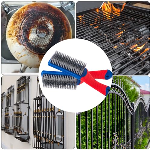 Wire Brushes 2 Pcs Steel Brushes Heavy Duty Carbon Steel and Stainless Steel Wire Scratch Brush with Rubber Ergonomic Handle (16x3.5cm)