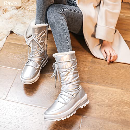 HEAWISH Women’s Winter Snow Boot Fur Lined Mid Calf Warm Boots - color: Silver, size: 6