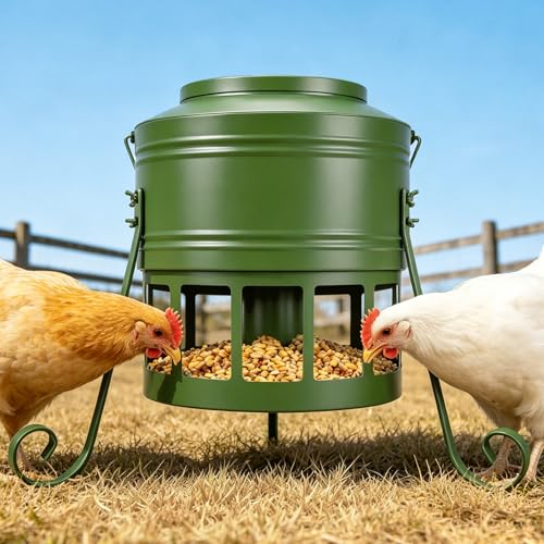 Metal Chicken Feeder, 20Lbs Large No Waste Chicken Feeder with 12 Ports, Heavy Duty Poultry Feeder with Lid & Handle, Rat Proof Rust Proof Feed Box for Chickens Ducks Geese Backyard Farm (Green) - color: Green