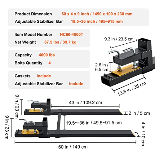 VEVOR Pallet Forks, 60" Total Length, 4000 lbs Clamp-On | Heavy Duty, Adjustable Stabilizer Bar, For Loader Bucket Skid Steer Tractor - size: 60 Inch