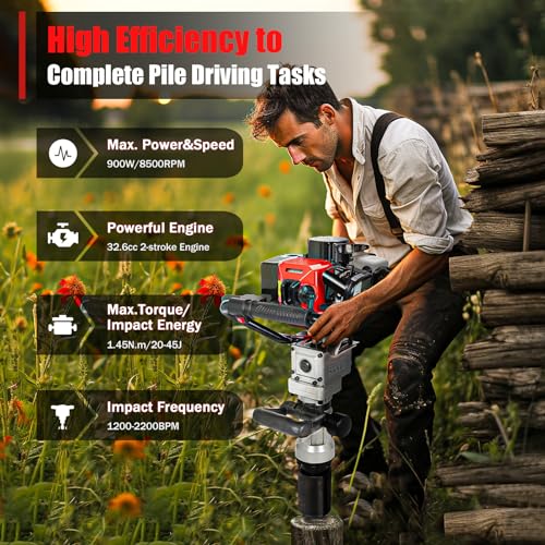 Gas Powered Post Driver 32.7cc 900W Fence Post Driver with 2 Sockets, 8500RPM 2-Stroke Pile Driver for Fence Installation Farm Vineyard and Construction Projects