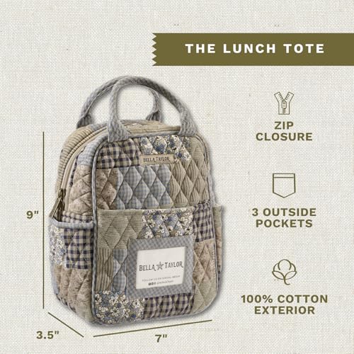 Bella Taylor Lunch Tote, Quilted Lunch Bag, Khaki Patchwork | Lightweight quilted cotton lunch box, easy-to-clean PEVA lining, 3 outside/1 inside pocket, durable construction - color: Khaki Patchwork