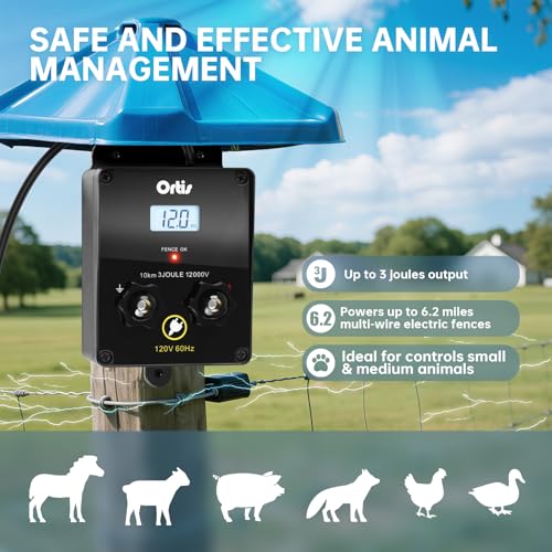 Electric Fence Energizer with LCD Display, Ortis 12,000V 3 Joules Electric Fence Charger, 6.2 Mile Range, Safe & Effective Animal Control for Livestock, Garden & Pasture Protection