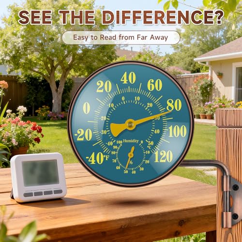 4 Inch Outdoor Thermometer and Humidity Gauge, Brass Analog Dial, Window Thermometer for Outside Temperature & Humidity Monitor, Battery-Free for Patio Garage Greenhouse Garden Wall - color: Green, size: 4 Inch