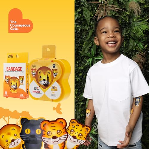 BioSwiss Bandages, Courageous Cats Shaped Self Adhesive Bandage Set, Latex Free, Sterile Wound Care, 24 Count - size: 24-Count Box, style: Jungle Cats