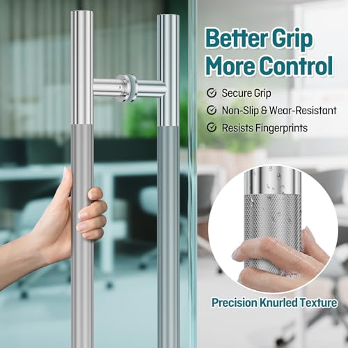 Ranbo 24" Knurled Door Pull Handle, 16"(406mm) CTC, Polished Chrome | Heavy Duty 1.5mm 304 Stainless Steel, Back to Back Pull Handles for Interior/Front /Barn/Commercial/Entrances, Enhanced Grip - size: 24 Inch