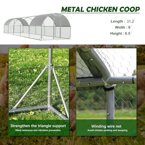 TOLEAD Large Metal Chicken Coop Upgrade Tri-Supporting Wire Mesh Chicken Run,Chicken Pen Walk in with Water-Resident and Anti-UV Cover,Duck Rabbit House Outdoor（374.4" L x 108" W x 78" H） - size: 374.0"L x 108.0"W x 78.0"H