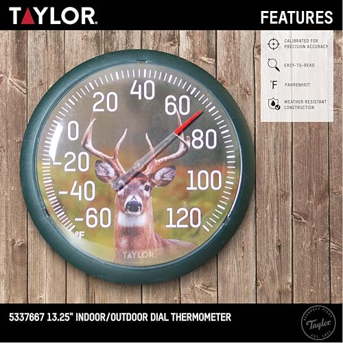 Taylor Buck Indoor Outdoor Dial Thermometer, Wireless Easy Read Large Numbers for Patio Pool Garden Garage Indoor Use, Weather Resistant 13.25 Inch Home Decor Stylish Outdoor Temperature Gauge, Green - style: Buck
