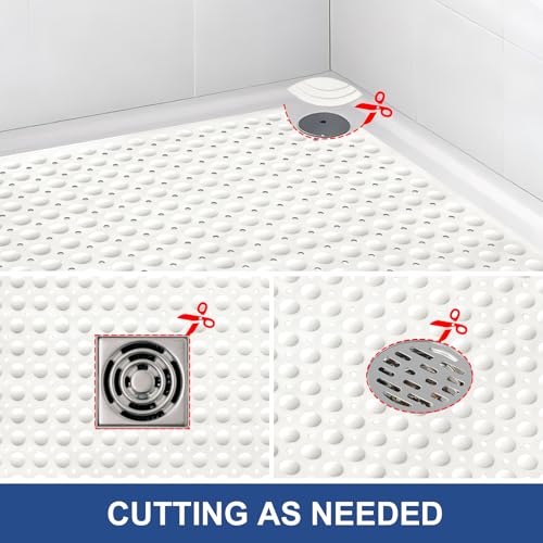 Square Shower Mat Non Slip: 32" x 32" Large Shower Mats for Inside Shower - Soft TPE Cuttable Anti Slip Shower Floor Mat with Drain Holes and Suction Cups - color: White