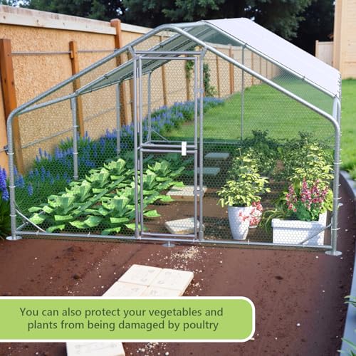 Large Metal Chicken Coop Runs for Yard with Cover, 10x20x6.5 | Perch Bars, Split Doors, Waterproof Covers, Mesh Wire - size: 236.2"L x 118.1"W x 78.7"H
