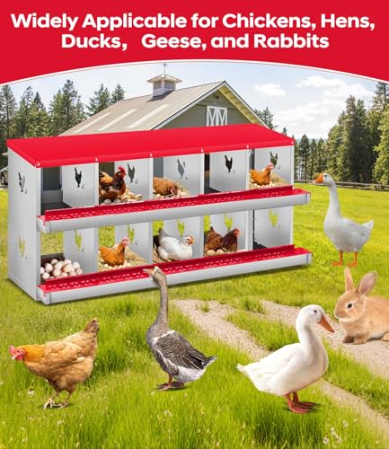 10 Compartment Chicken Nesting Box, Heavy Duty Metal Laying Box with Perch, Easy Assembly & Easy Clean for Outdoor Chicken Coop, Red - color: Red, size: 10 Compartment