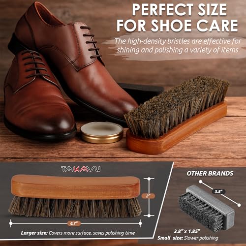 TAKAVU Shoe Brush 100% Genuine Horse Hair, Won't Scratch Leather (1 Piece) | Horsehair Shoe Shine, Buff & Polish Brush for Boots, Dress Shoes, Bags, Belts & Furniture, Concave Wood Handle - size: 1pc