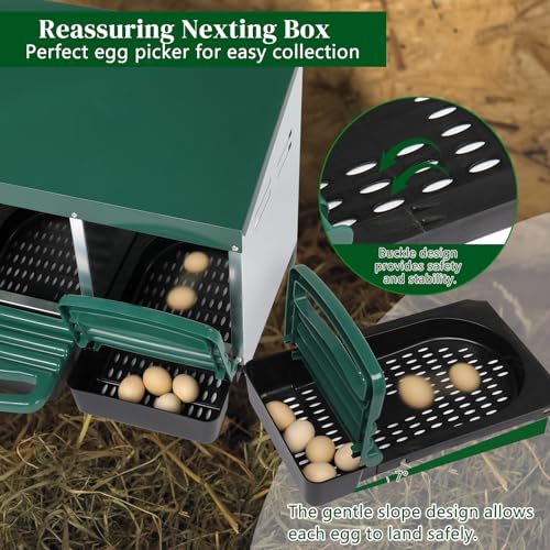 Chicken Nesting Box, Roll Out Metal Chicken Nest Box with Egg Tray, 2 Compartment Hen Nesting Box for Laying Hens, Durable Poultry Nesting Box with Plastic Basket, Green - color: Green-1, size: 2 Holes